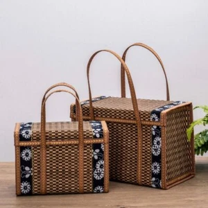Rectangular Bamboo Picnic Basket Bamboo Handheld Woven Basket Camping - Picture 1 of 9