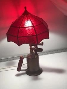 Vintage Clayton & Lambert Brass Blow Torch Lamp Ruby Red Stain Glass Shade - Picture 1 of 12