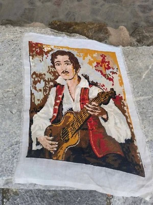 Guitarist cross stitch finished picture, Guitar player gobelin needlepoint - Image 1 of 4