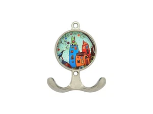 Garderobenhaken Wandhaken Haken Doppelhaken Metall Glas Haus Stadt m Vogel H264 - Bild 1 von 2