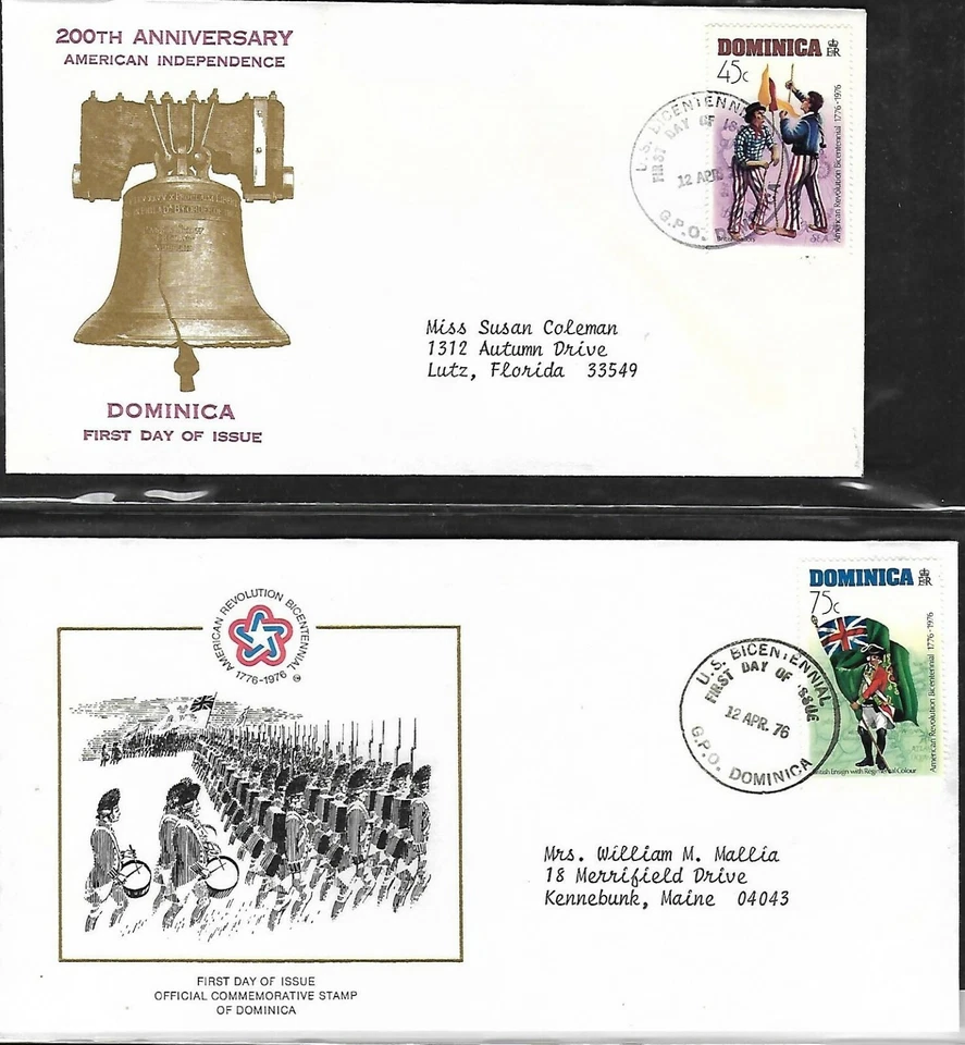 DOMINICA 1976 TWO DIFFERENT FIRST DAY COVERS, AMERICAN BICENTENNIAL INFANTRY  - Image 1 of 2