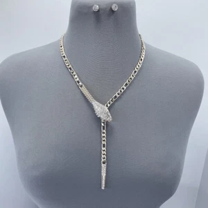 N0337 Silver Color Metal Clear Rhinestones Deco Animal Snake Design Necklace - Picture 1 of 2