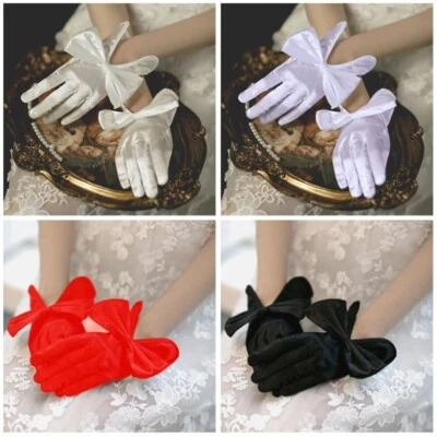 女士短手套闪亮缎面蝴蝶结新娘婚礼派对礼服配件复古 — 第 1/4 张图片