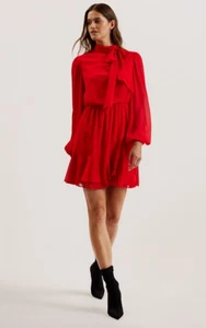 Vestido TED BAKER Mujer TB 2 UK 10 Cebrina Rojo Cuello Corbata Manga Larga Gasa NUEVO - Imagen 1 de 19