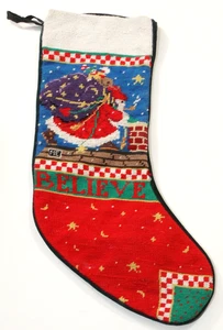 Mary Engelbreit Believe Stocking Holiday Christmas Needlepoint Santa 20" Long - Picture 1 of 6