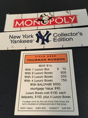 Tarjeta de título de propiedad de Monopoly New York Yankees THURMAN MUNSON 2001 Hasbro Foto 1 de 3