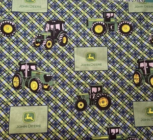 John Deere Cotton Material Fabric Blue & Green Plaid Tractor Logo RARE! 3 Yards - Picture 1 of 5