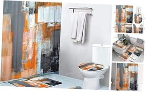 4 Pcs Shower Curtain Sets with Non-Slip Rugs,Toilet Lid Cover Grey and Orange - Picture 1 of 6