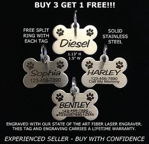 Custom Engraved STAINLESS STEEL BONE Pet Tag PAW PRINT Dog Cat ID IDENTIFICATION - Picture 1 of 1