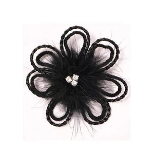  Schwarze Brosche Fascinator Feder Strass BLUME Abschlussball Corsage Haarspange 4"  - Bild 1 von 1