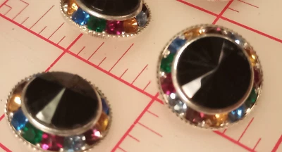5 Multi Colored Rainbow Rhinestone Shank Buttons Jet Black Acrylic 7/8" 22mm - Image 1 of 3