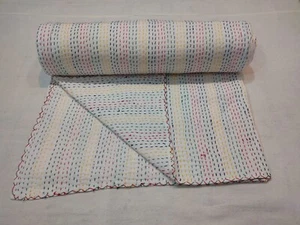 Solid Quilted Modern Handmade Cotton kantha Reversible Bedspread Blanket Quilt - Picture 1 of 7