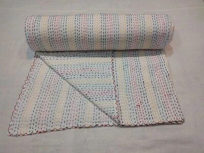 Solid Quilted Modern Handmade Cotton kantha Reversible Bedspread Blanket Quilt - Image 1 of 4