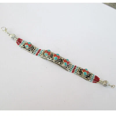 Turquoise Coral Ethnic Bracelet Statement With Gemstones Himalayan Jewelry B74 - Image 1 of 4
