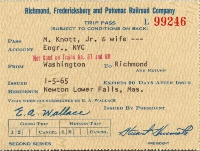 1965 Richmond, Fredericksburg and Potomac Railroad Ticket Stub - Richmond VA - Image 1 of 2