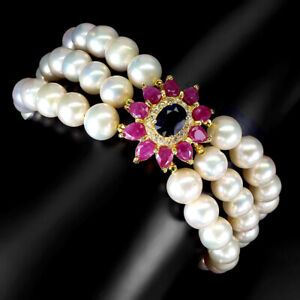 Heated Sapphire Pearl Ruby White Topaz Gemstone 925 Sterling Silver Bracelet 8