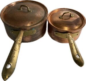 2 Vintage Tagus Copper Brass Sauce Pots Made In Portugal 4 Piece Tagus Copper