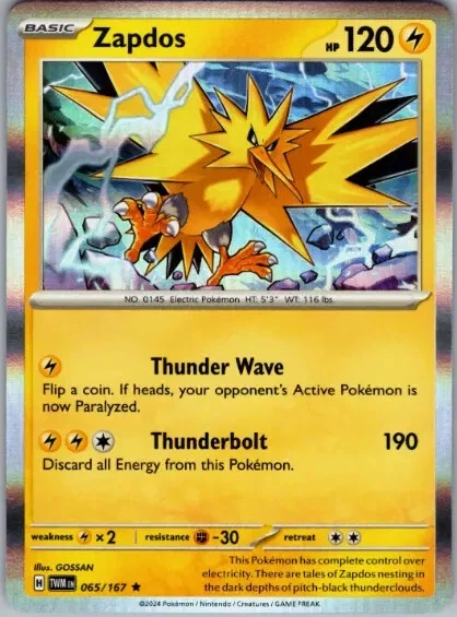 Pokémon TCG Zapdos 065/167 Holo Rare Scarlet & Violet: Twilight Masquerade NM/M - Image 1 of 1