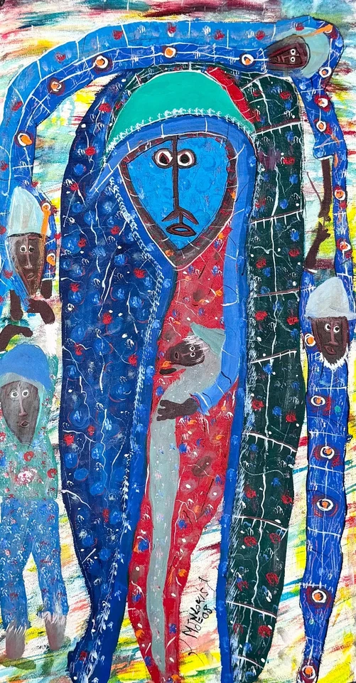 Pintura artística haitiana Maxan Jean Louis "rostros/espíritus" acrílico sobre lienzo - firmada Foto 1 de 4