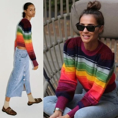Zara Rainbow Cropped Sweater Puff Long Sleeve Striped Wool Blend Pullover Size S - Image 1 of 4