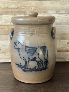 Rowe Pottery Works Deckeldose Topf Kuh Salzglasur Steinzeug 9,25 Zoll 1988 - Bild 1 von 11