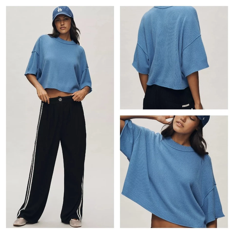 Suéter Anthropologie The Goldie Cuello Redondo Cachemira Brillante Aciano Grande Nuevo con Etiquetas Foto 1 de 4