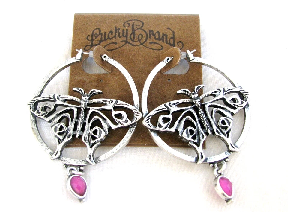 NOVA MARCA DA SORTE ENVELHECIDA TOM PRATA METAL BORBOLETA COM BRINCOS DE ARGOLA DE PEDRA ROSA - Imagem 1 de 1