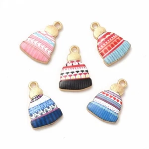 10 Mixed Pretty Christmas Bobble Hat Gold Tone Charm Pendants with Enamel Detail - Picture 1 of 3
