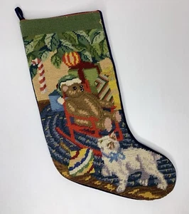 Vintage 100% Wool Needlepoint Christmas Stocking Bear Cat Rocking Chair P75 - Picture 1 of 5