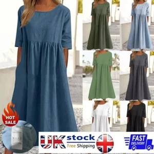 Womens Short Sleeve Pleated Midi Dress Ladies Casual Loose Solid Swing Dresses - Picture 1 of 11