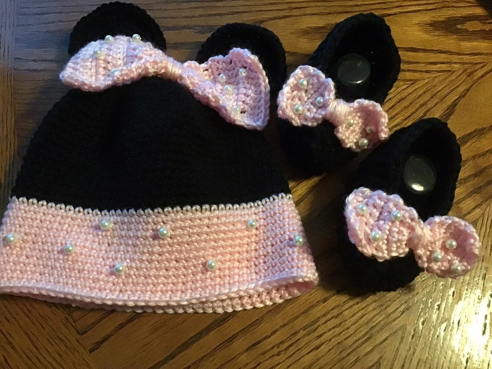 Mickey Mouse Hand Crochet Baby Hat & Booties/ Slippers , Sizes 6-12 months - Image 1 of 4