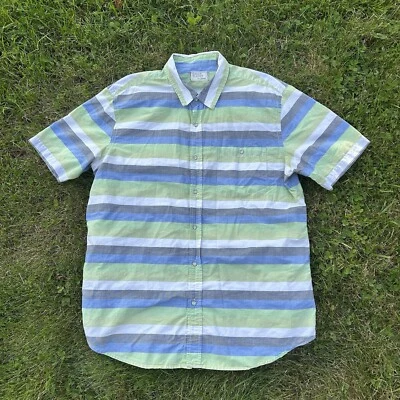 Free Planet Men's Shirt XL Short Sleeve Striped Button Down Pocket Blue Green - Image 1 of 4
