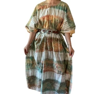 Vintage 1970s Womens Tie Dye Orange Green Hippy Retro Cotton Maxi Dress Sz XXL - Picture 1 of 7