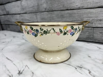 Primitive Vintage White Enamel Collander Floral Print Accent Brass Handle - Image 1 of 4
