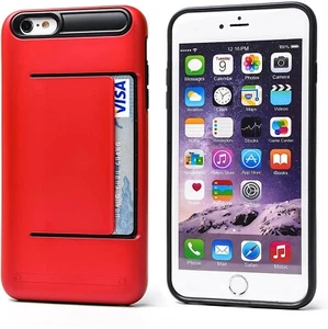 iPhone 6 + 6s plus Hybrid TPU + PC Case W/ Card Pocket - Black / Red - Picture 1 of 5