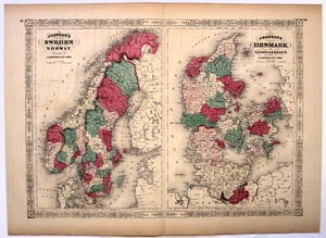 "SWEDEN, NORWAY, DENMARK" Antique original hand colored map 1866 - Picture 1 of 1