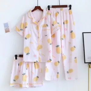 Set pigiama donna 3 pezzi 100% garza cotone stampato pigiama manica corta pigiama - Foto 1 di 29