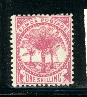 SAMOA SG25 MH 1886 1sh rose carmine Palm Trees Perf 12&1/2 CV$65 - Image 1 of 2