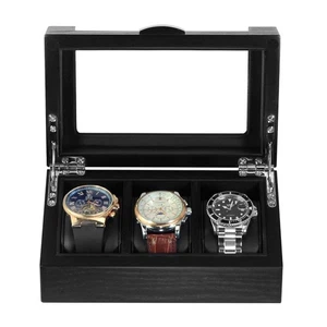 3 Slots Black Wooden Watch Box - Picture 1 of 6
