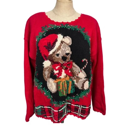 Suéter De Colección Años 90 Mujeres M Tejido a Mano Rojo Navidad Oso de Peluche Vacaciones Edición Limitada Foto 1 de 4