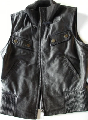 Motocicleta Motociclista Mujer Real Cuero Nutria Negro Cremallera Chaleco con Bolsillo Interior Med Foto 1 de 4