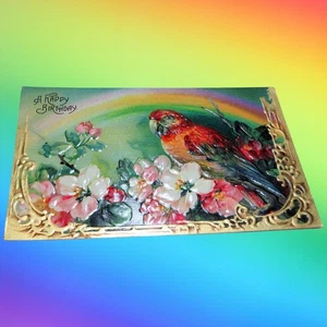 Postkarte 1900 vergoldete geprägte Geburtstagsgrüße Papagei & Blumen Deutschland - Bild 1 von 3