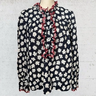 J. Crew Embroidered Ruffle Blouse Scattered Daisy Print Preppy Size Medium - Image 1 of 4