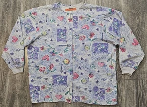 Vtg Barco Long Sleeve Snap Scrub Top Medical Uniform AOP Floral Hearts Womens XL - Picture 1 of 8