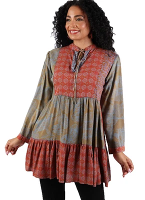 Nuevo con etiquetas HILOS SAGRADOS parche boho funky escalonado óxido oliva rayón TOP L Envío gratuito Foto 1 de 4