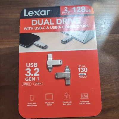 Lexar 128GB 2-in-1 Dual Flash Drive USB-C and USB-A, Mac-Android- PC– 2 PACK