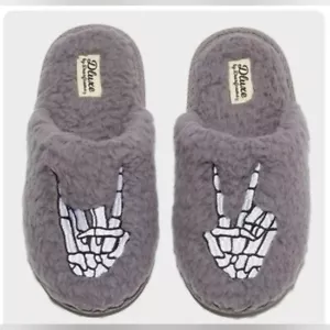 DLUXE by Dearfoams Kinder Skelett Peace Zeichen Slipper Hausschuhe grau 13/1 Neu - Bild 1 von 1