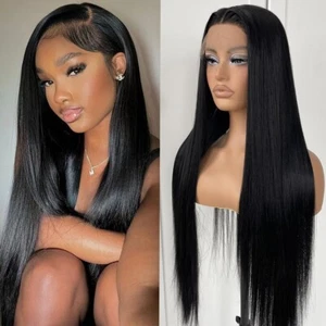 Damen lange gerade Lace Front Perücken Synthetik Natur Schwarz Kleberlos vorgezupft - Bild 1 von 6