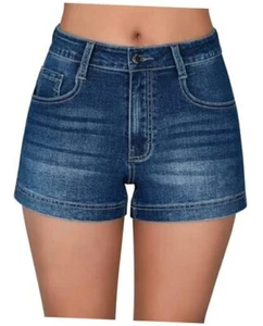 Women's Casual Summer High Waisted Basic Jean Shorts Stretchy Medium Blue - Picture 1 of 7