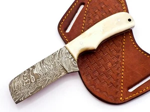 Handmade Damascus Cowboy Bull Cutter Knife With Bone Handle And Pancake Sheath - Picture 1 of 8